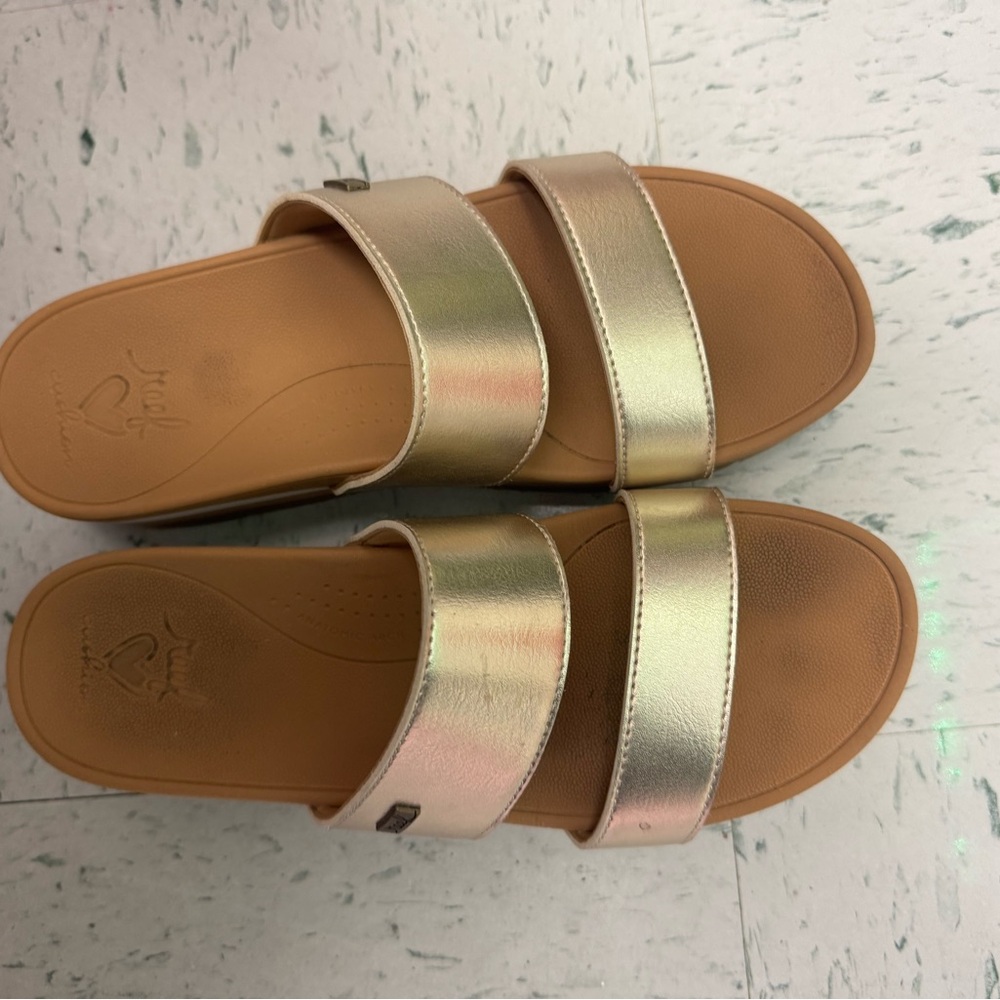Reef Platform Slide Sandals in Metallic Gold and Tan - Picture 2 of 2
